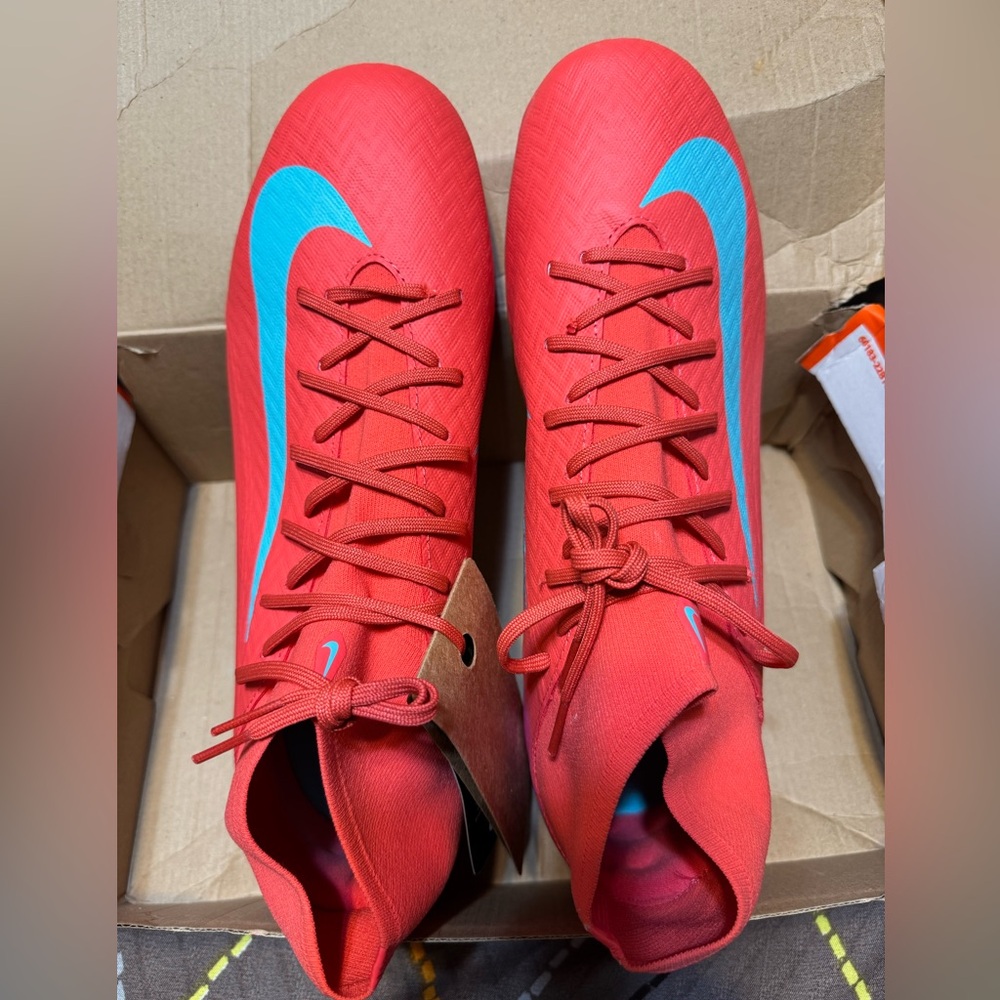 Nike Mercurial Superfly 10 Dynamic Red with Blue Swoosh Soccer Cleats.